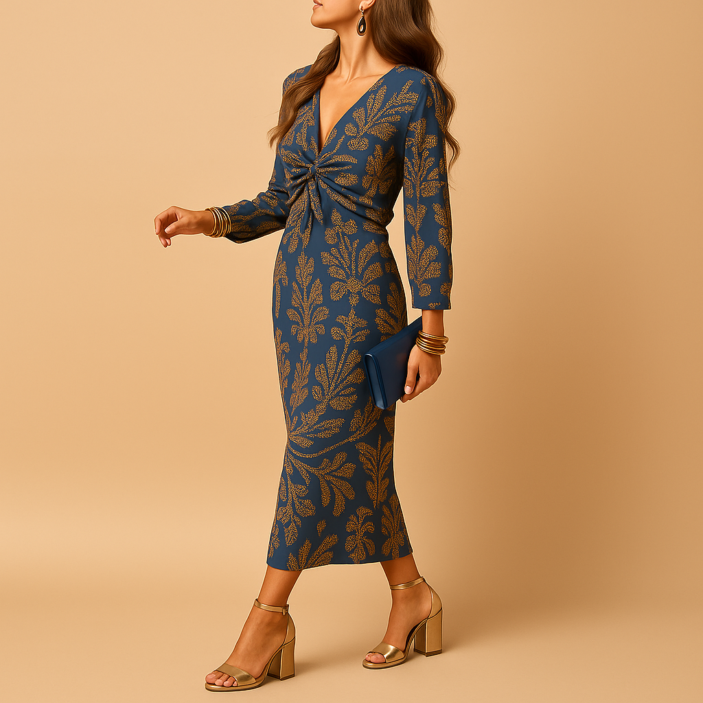 Damen Kleid | V-Ausschnitt mit Langarm und Taillenknoten