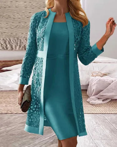 Damen Kleid Set | Zweiteilig mit langem Überwurf