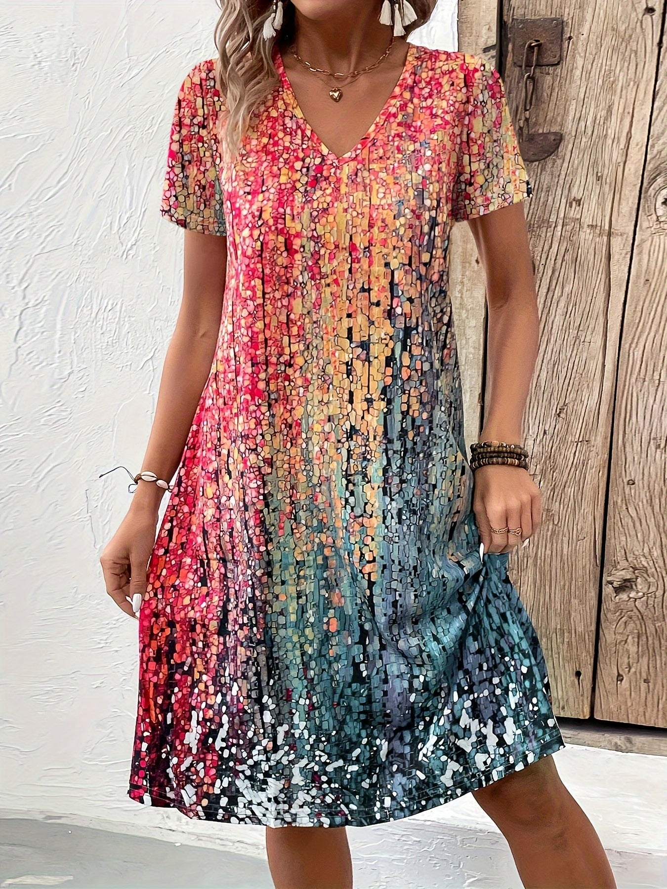 Kleid Damen | V-Ausschnitt mit grafischem Muster