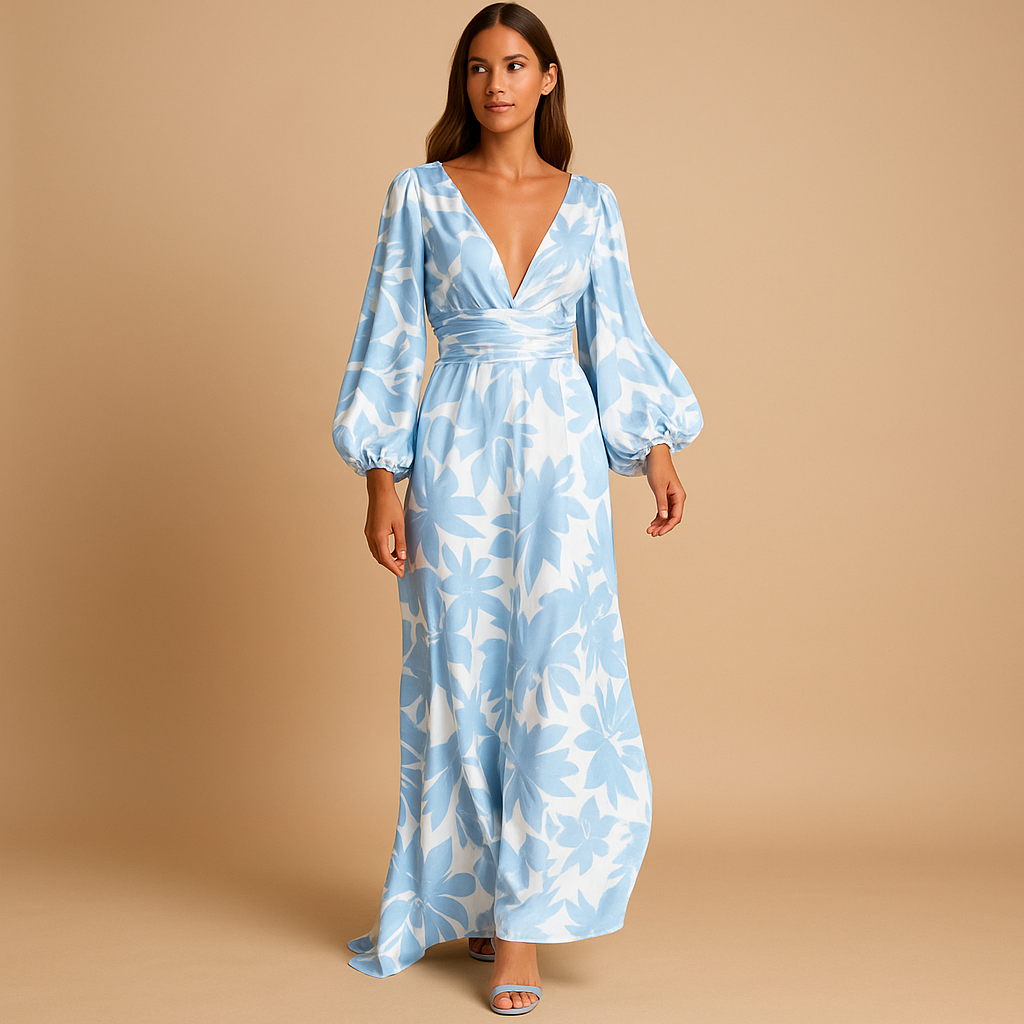 Damen Kleid | V-Ausschnitt mit Taillenband und langer Rockform