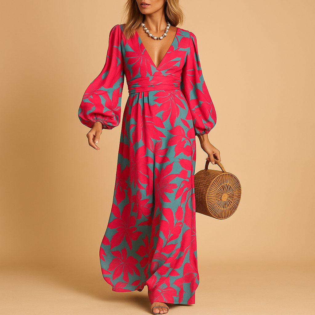 Damen Kleid | V-Ausschnitt mit Taillenband und langer Rockform
