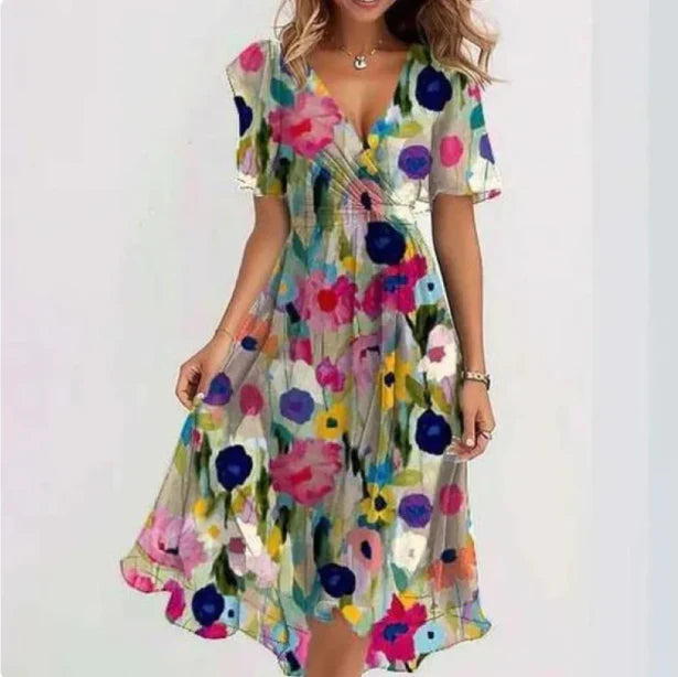 Sommerkleid Damen | V-Ausschnitt mit kurzem Ärmel