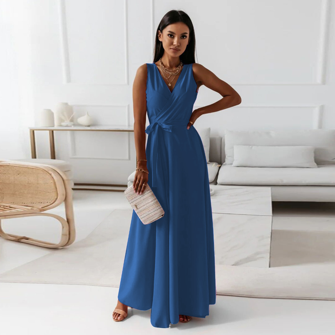 Damen Kleid | bodenlange Wickeloptik mit V-Ausschnitt