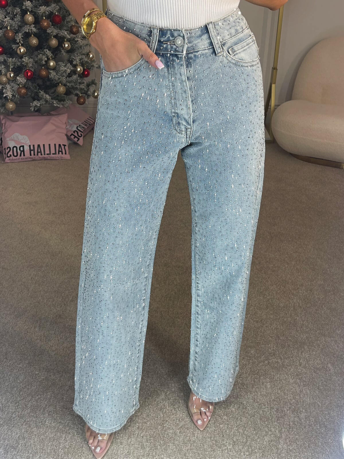 Damenjeans | Hoher Bund Mit Dekorativen Glitzerelementen