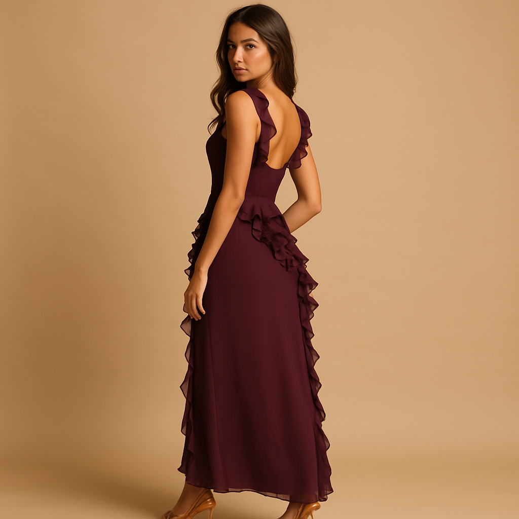 Damen Kleid | Maxilänge mit Schulterträgern und Rüschenlinie