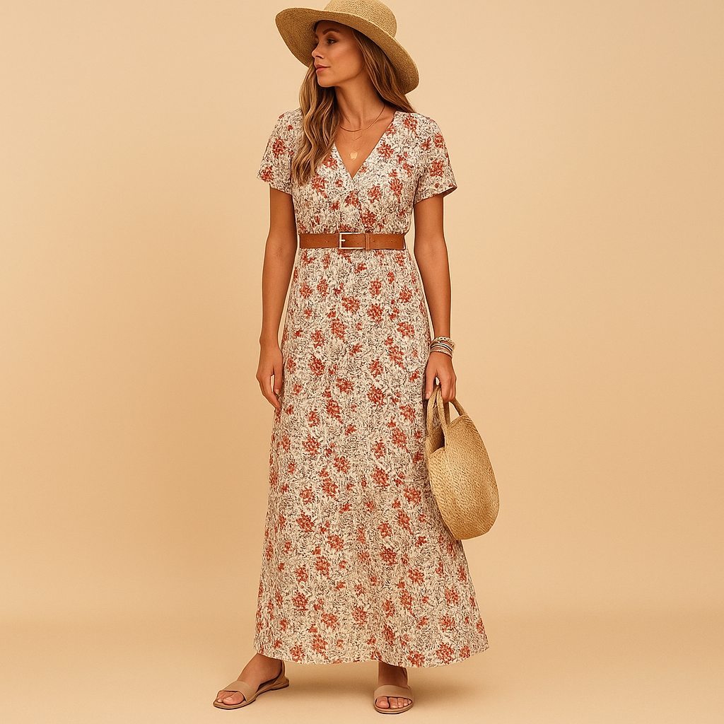 Kleid Damen | Maxikleid mit V-Ausschnitt und Taillengürtel
