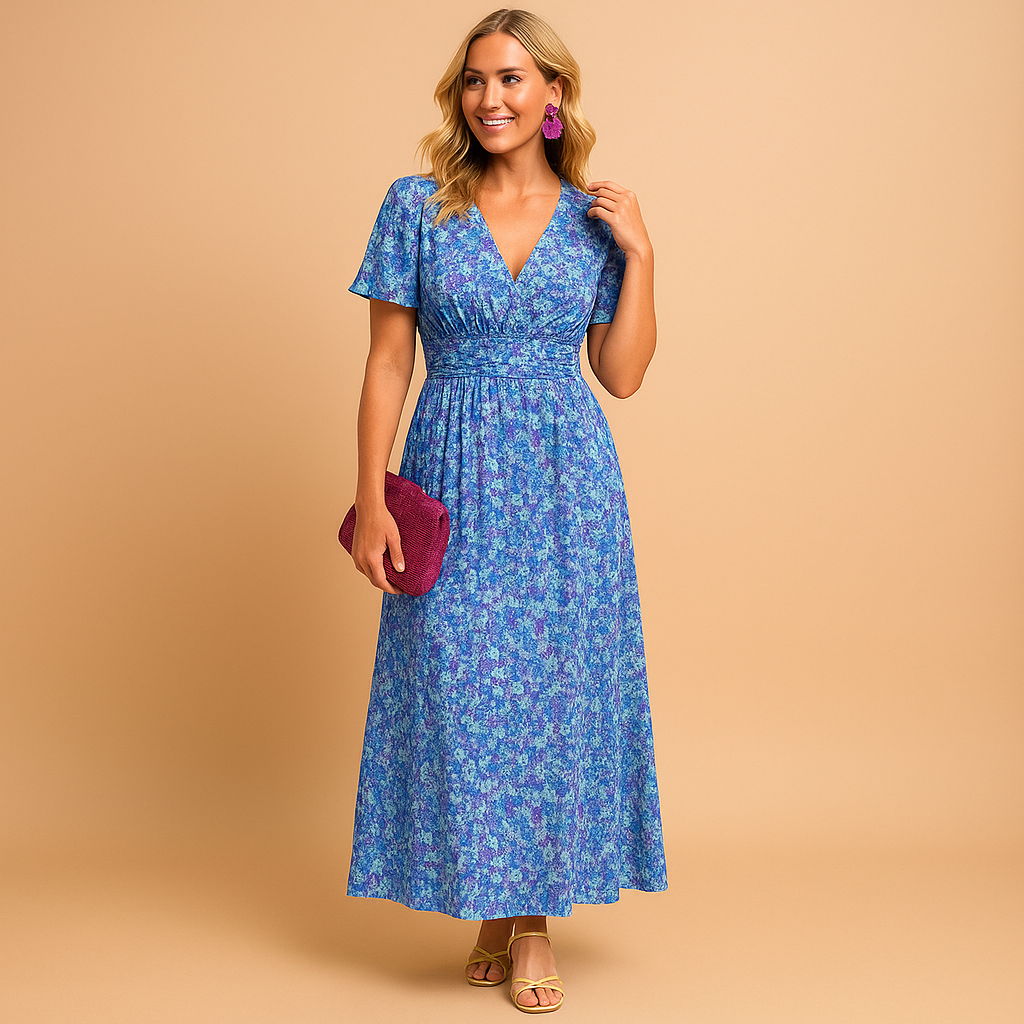 Damen Kleid | Maxilänge mit V-Ausschnitt und Taillenpartie