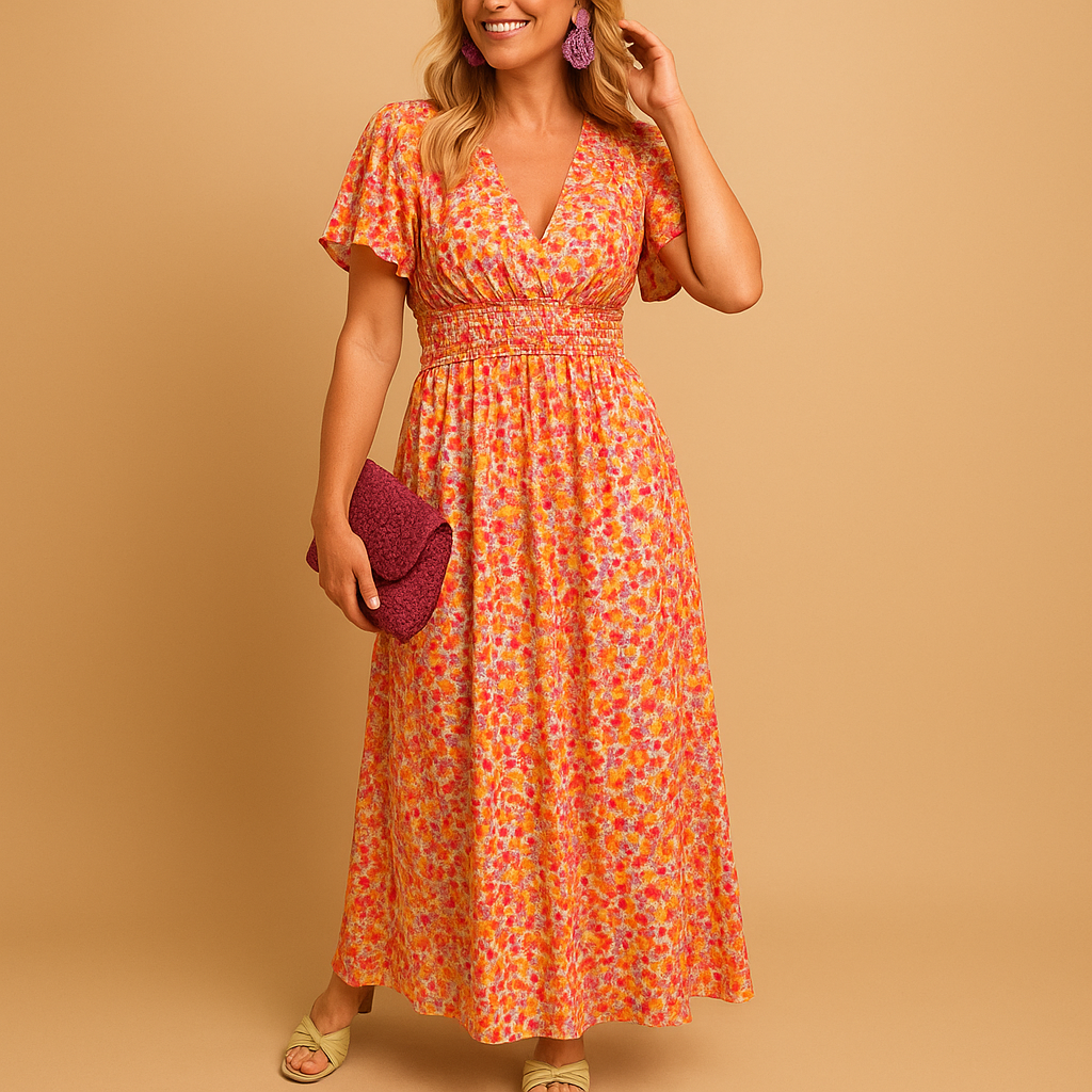 Damen Kleid | Maxilänge mit V-Ausschnitt und Taillenpartie