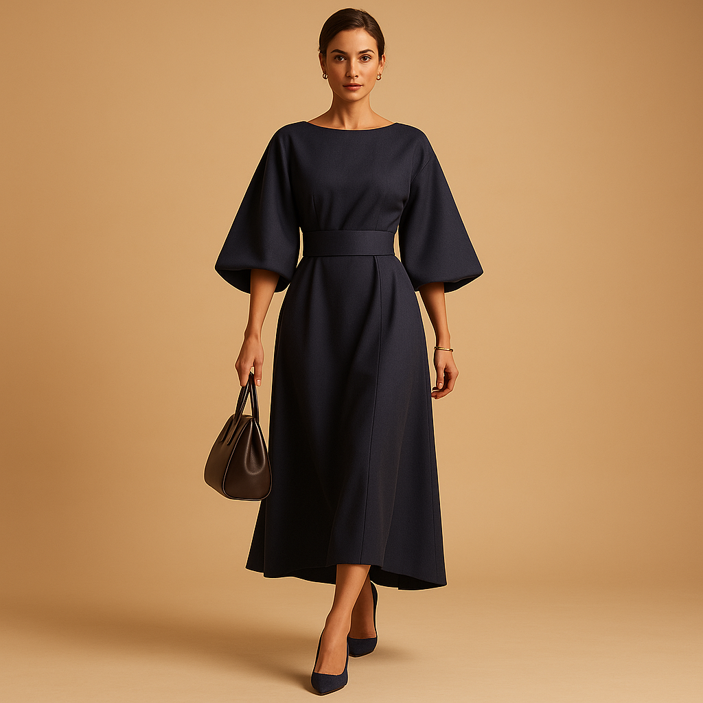 Damen Kleid | Midi-Silhouette mit Gürtel und ausgestelltem Rock