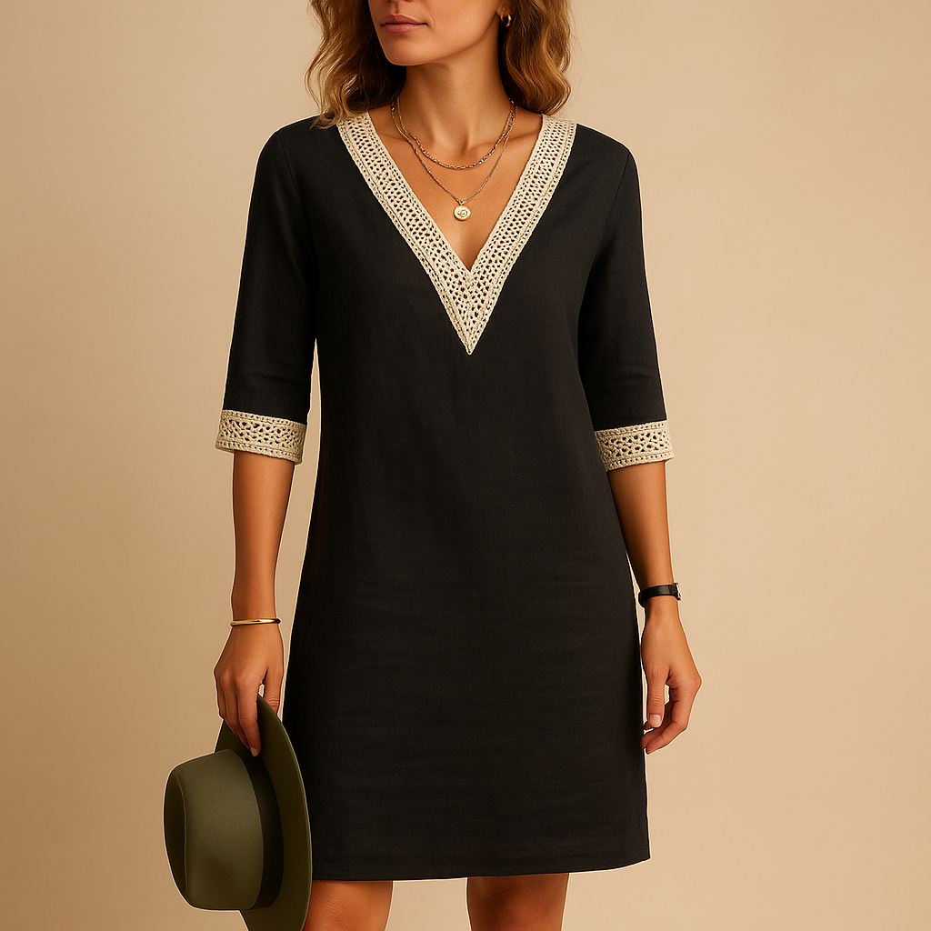 Damen Kleid | V-Ausschnitt mit Spitzenkante und Halbarm